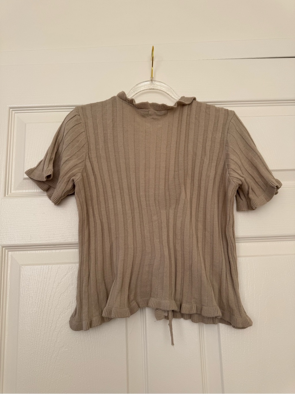 Nasty Gal Taupe Ruffled Ribbed Tie-Front Knit Cardi Top - Picture 2 of 5